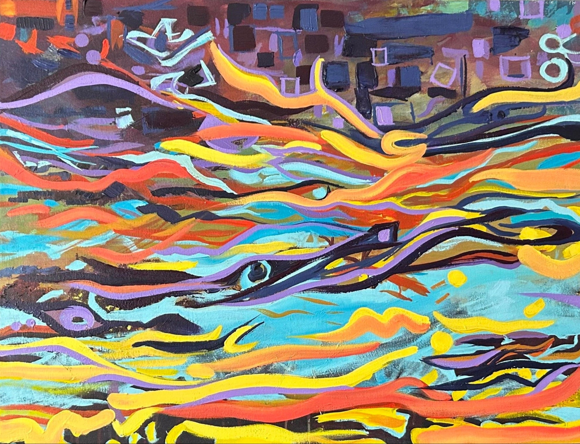 Abstract artwork with colorful wavy lines on a textured surface